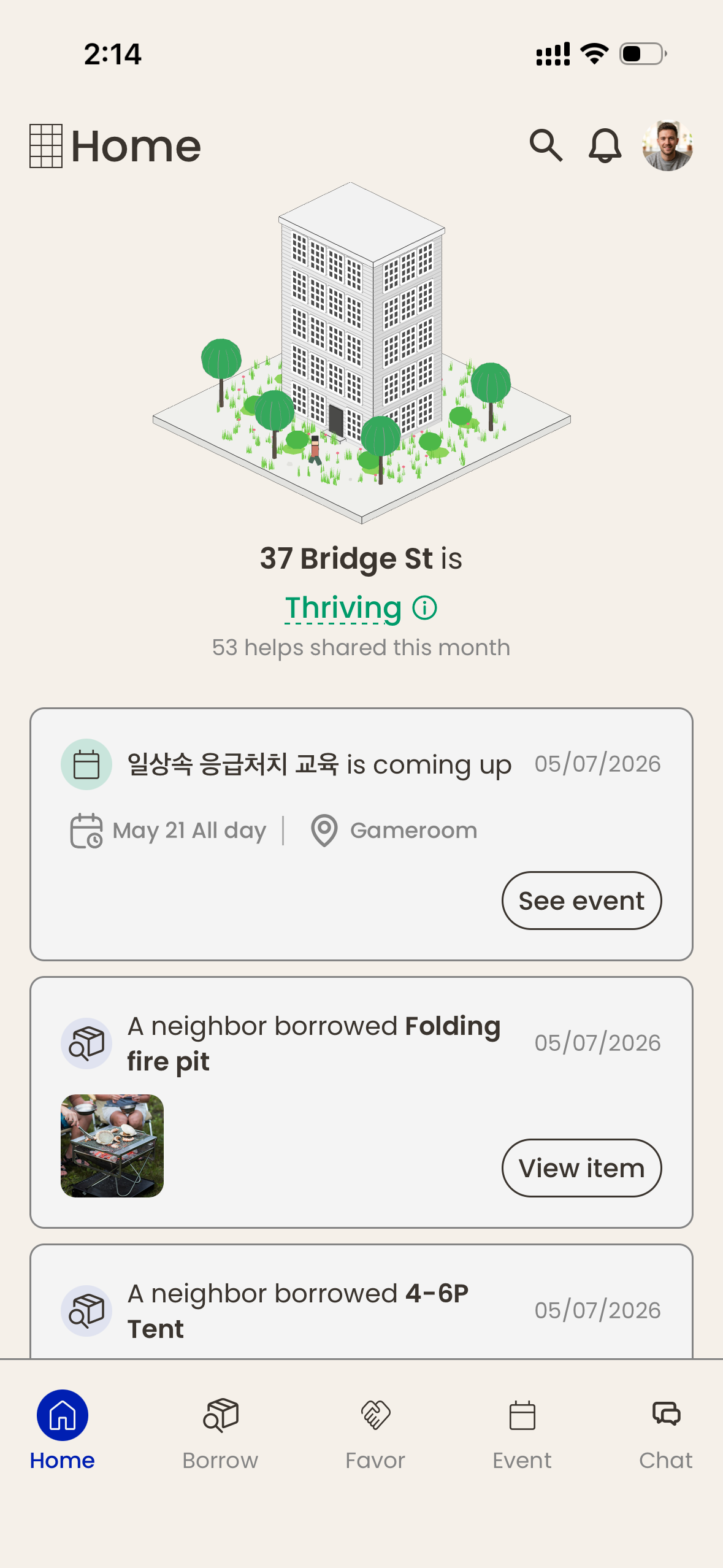 POMEs home screen with active building activity — events, borrows, and a Thriving status