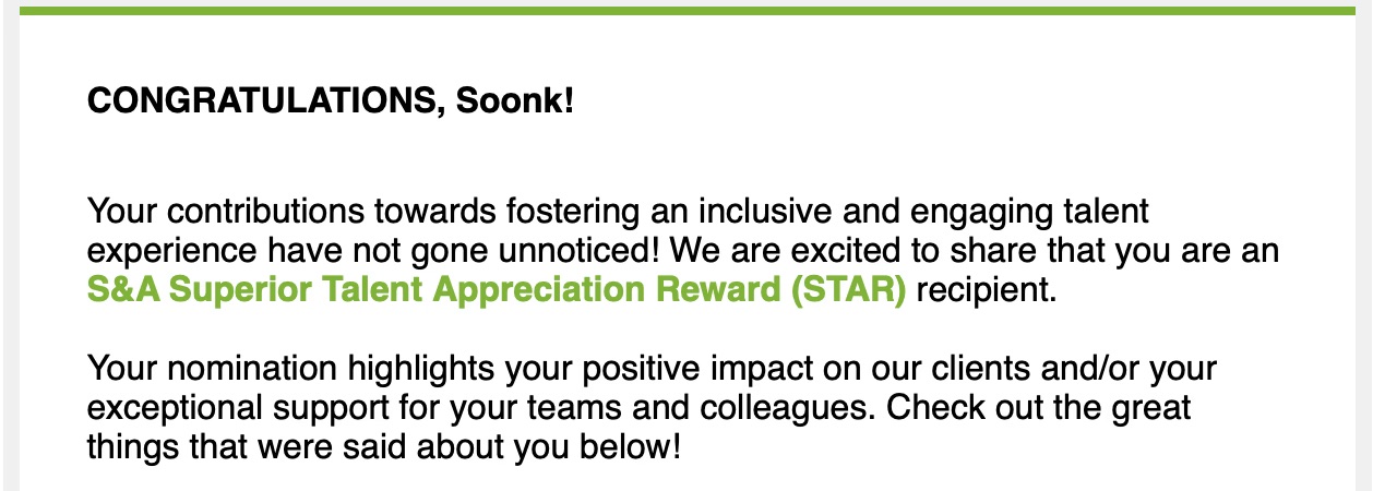 S&A Superior Talent Appreciation Reward (STAR) recognition note